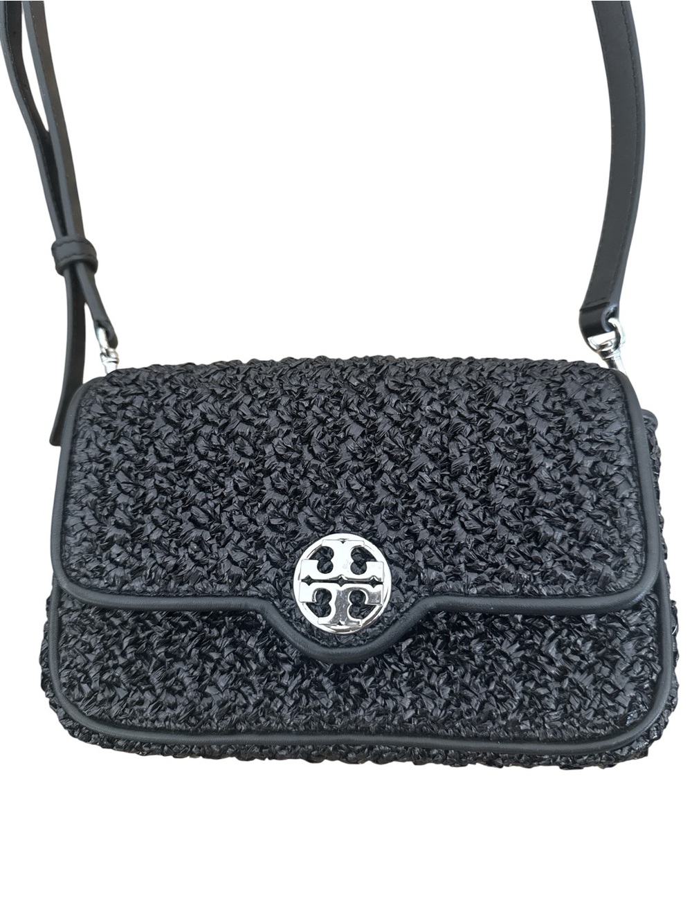 Tory Burch Black Woven Raffia Crossbody with Silver Logo